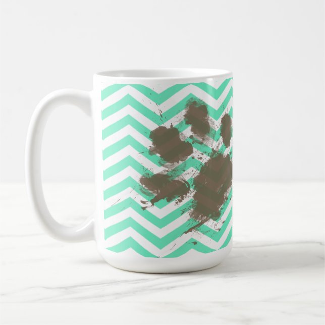 Taza De Café Pawprint divertido en el Aquamarine Chevron (Izquierda)