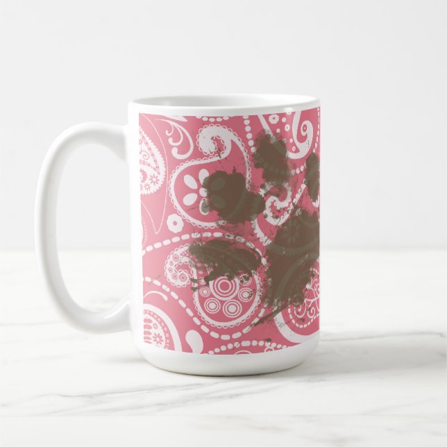 Taza De Café Pawprint lindo en Rubor Paisley rosada (Izquierda)