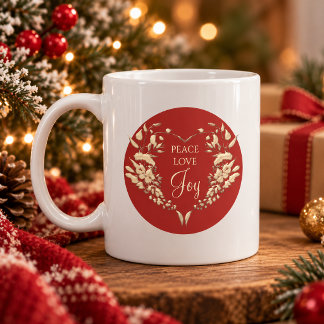 Taza De Café Paz Amor Alegría Navidad Personalizada Roja Dorada