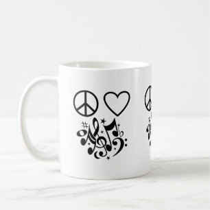 Taza De Café Paz Amor Armonía Corazón Rojo Notas Musicales Negr