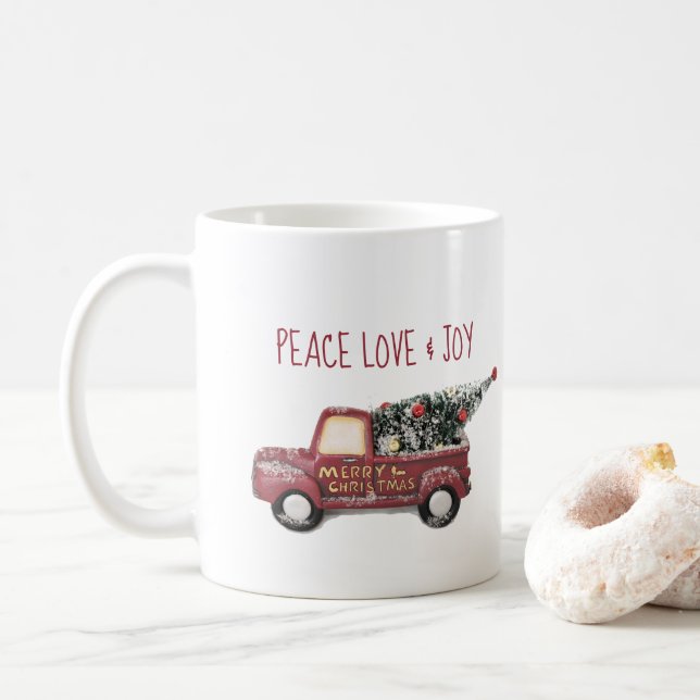 Taza De Café Paz Amor y Alegría con Camión Juguete Rojo Feliz N (Con donut)