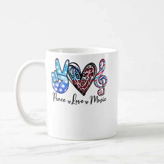 Taza De Café Peace Love Music US Flag 4th Of July Music Teacher (Izquierda)