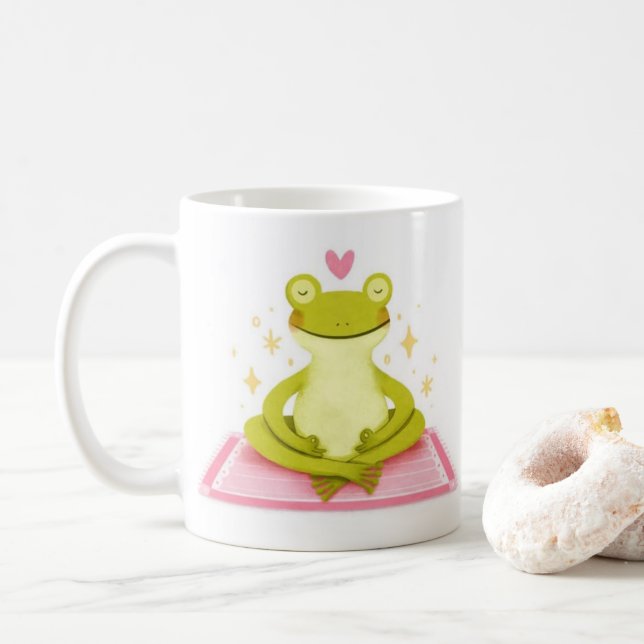 Taza De Café Peaceful Frog – Kind_Ones Whimsical Calm Mug (Con donut)