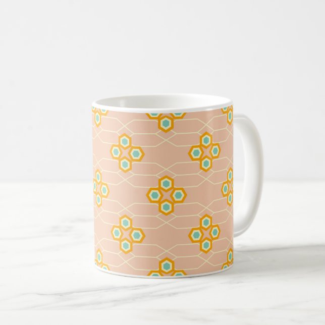 Taza De Café Peach background hexagonal floral pattern  (Anverso derecho)