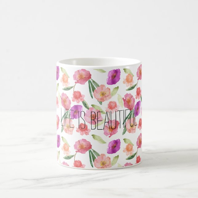 Taza De Café Peach Peach Pink Purple Floral acuarela (Centro)