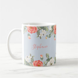 Taza De Café Peach Rosa Dusty Blue Floral Personalizado