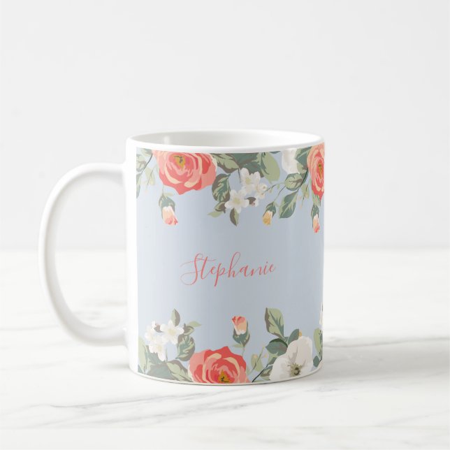Taza De Café Peach Rosa Dusty Blue Floral Personalizado (Izquierda)