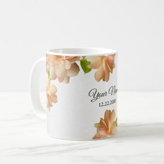 Taza De Café Peach Roses Floral Silver Glitter Wedding Party (Anverso izquierdo)