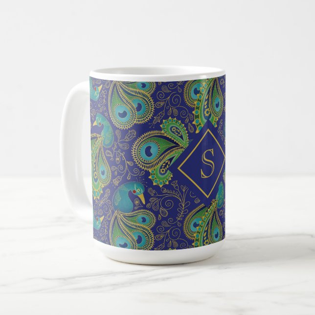 Taza De Café Peacock Paisley Royal Blue Monogram (Anverso izquierdo)