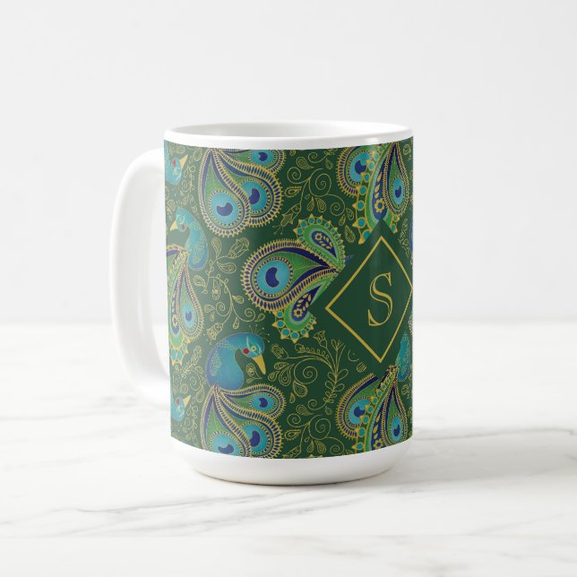 Taza De Café Peacock Paisley Royal Green Monogram (Anverso izquierdo)