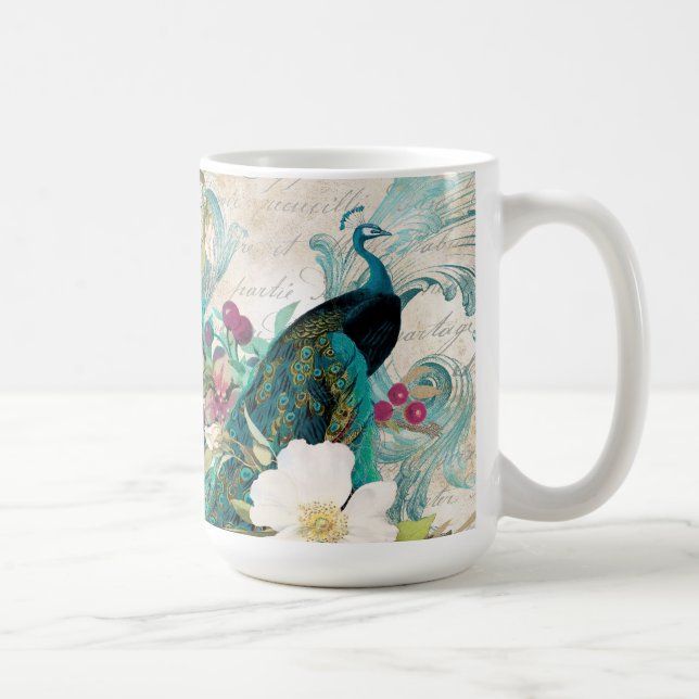 Taza De Café Peacock y Flores Ilustrados Antiguos Grunge (Derecha)