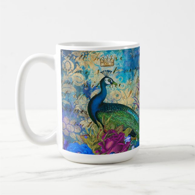Taza De Café Peacock y Flores Ilustrados Antiguos Grunge (Izquierda)