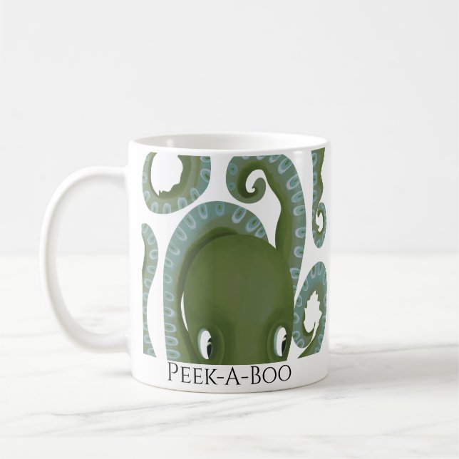 Taza De Café Peek-A-Boo Octopus Verde Nombre Personalizado Niño (Izquierda)