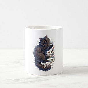 Taza De Café Pegatina de gato negro de pelo largo juguetón