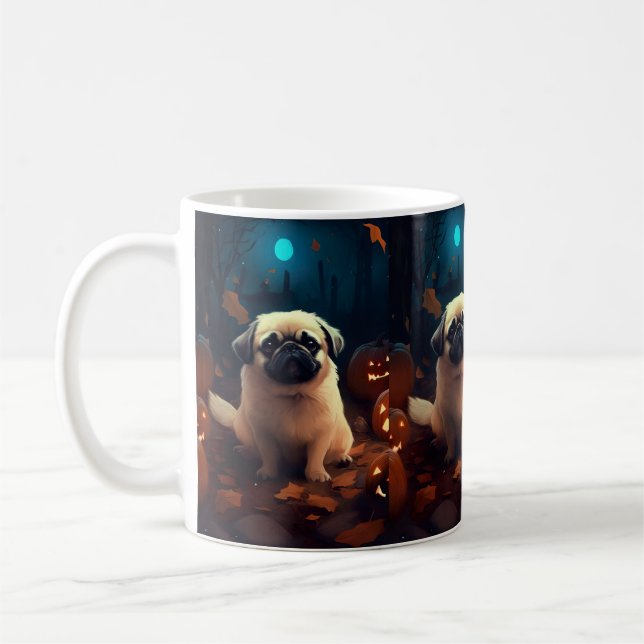 Taza De Café Pekingese de Halloween con calabazas aterradoras (Izquierda)