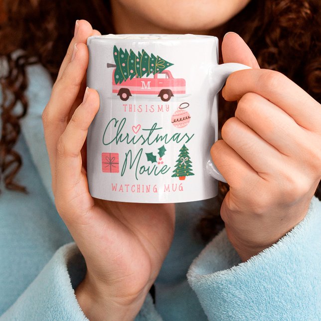 Taza De Café Película de mis Navidades viendo la camioneta retr (My Christmas Movie Watching Mug Pink Retro Van)
