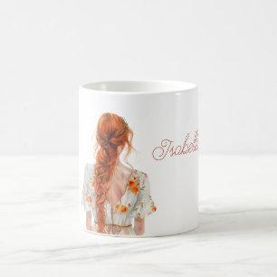 Taza De Café Pelirroja Cabello Trenzado Vestido Floral