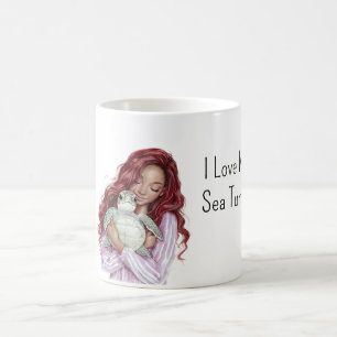 Taza De Café Pelo Rojo Chica Morena Ama Tortuga Marina