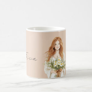 Taza De Café Pelo Rojo Femenino Flores de Margarita Personaliza