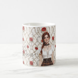 Taza De Café Pelo Rojo Rosas Femeninas Falso Madera Floral Amor