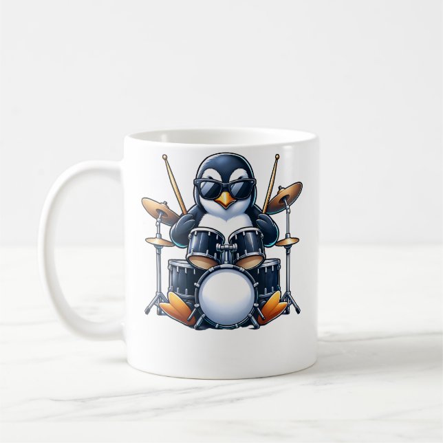 Taza De Café Penguin Playing Drums Rock Band Musician Funny Win (Izquierda)