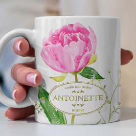 Taza De Café Peonía Rosa y Margarita Ilustradas Nombre y Fecha