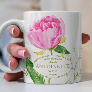 Taza De Café Peonía Rosa y Margarita Ilustradas Nombre y Fecha