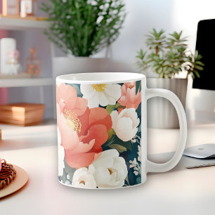Taza De Café peonías modernas Floral naranja cálido y flor blan