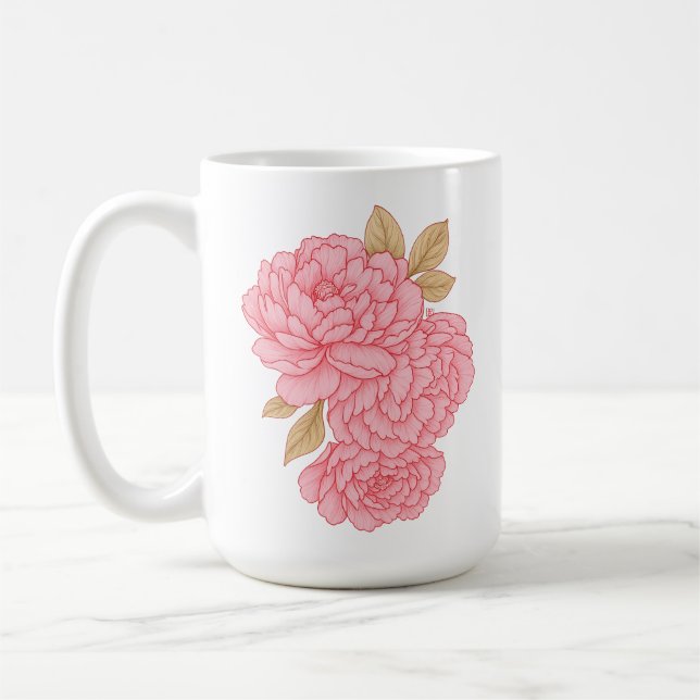 Taza De Café Peonies Elegantes - Ilustracion floral rosa suave (Izquierda)