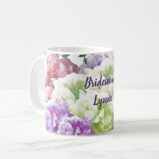 Taza De Café Peonies Multicolor Bridesmaid Nombre Café Mug (Anverso izquierdo)