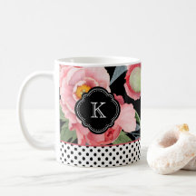 Peonies y puntos de polka elegantes con monograma