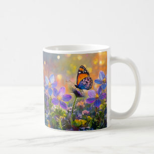 Taza De Café Pequeña mariposa en flores silvestres al amanecer