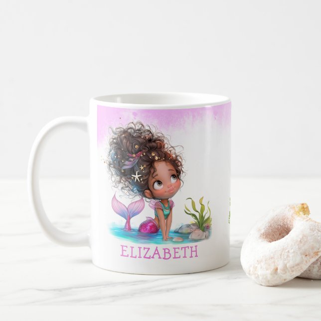 Taza De Café Pequeña sirena marrón acuarela café Mug (Con donut)