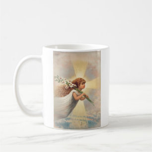 Taza De Café Pequeño ángel bebé sosteniendo lirios