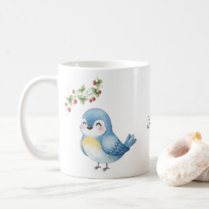 Taza De Café Pequeño pájaro azul dulce sonriente con fresa