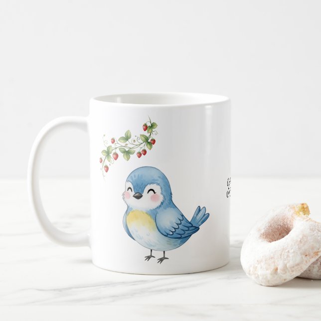 Taza De Café Pequeño pájaro azul dulce sonriente con fresa (Con donut)