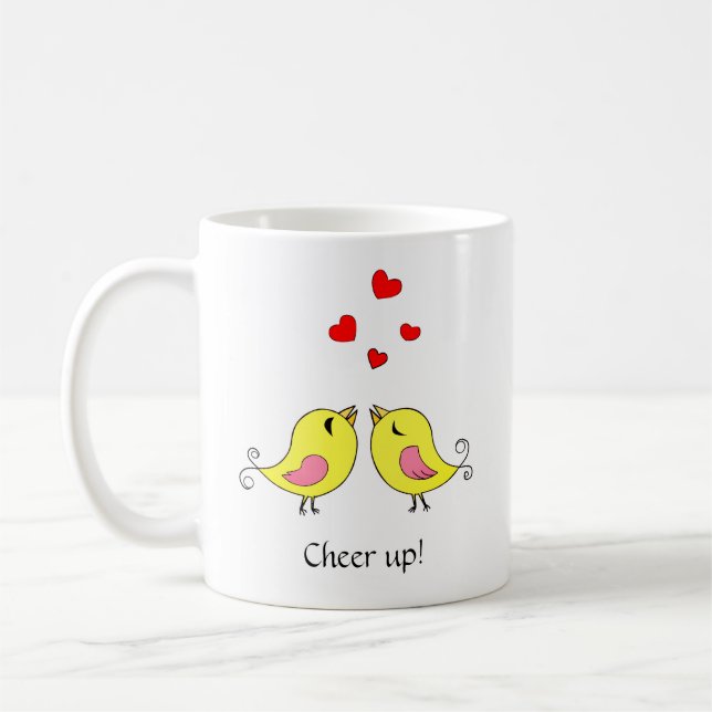 Taza De Café Pequeños pájaros canarios, corazones y caligrafía (Izquierda)