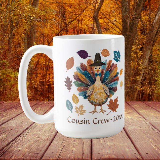 Taza De Café Peregrino de la tripulación de primo Turquía Acció (Turkey "cousin crew" mug for Thanksgiving family get togethers)