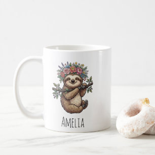 Taza De Café Perezoso Floral Adorable Personalizado con Corona