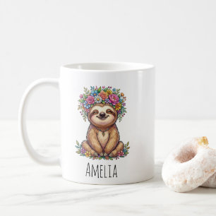Taza De Café Perezoso Floral Adorable Personalizado con Corona