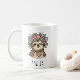 Taza De Café Perezoso Floral Lindo Personalizado con Corona de