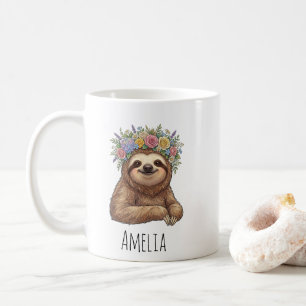 Taza De Café Perezoso floral lindo personalizado con corona de