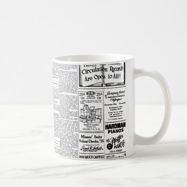 Taza De Café Periódico negro y blanco viejo, anuncio retro del (Derecha)
