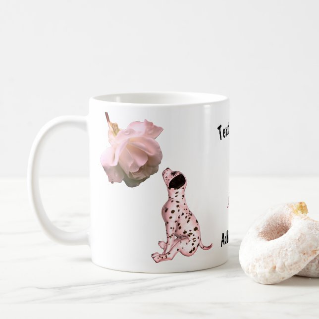 Taza De Café Perrito Dalmático Y Rosa Blanca Personalizado (Con donut)