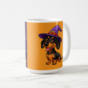 Taza De Café Perro Adorable con Sombrero de Brujo Púrpura