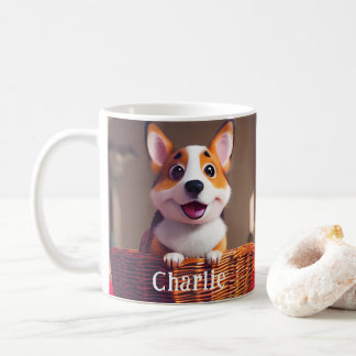 Taza De Café Perro adorable de Corgi en canasta de nombre perso