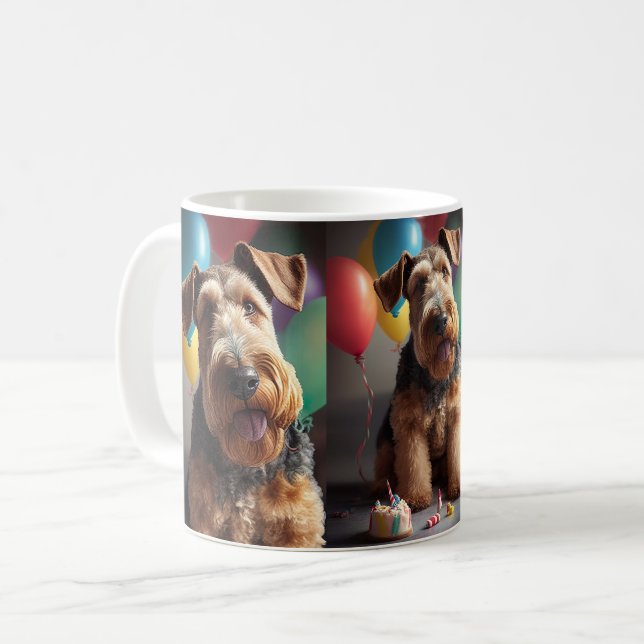 Taza De Café Perro Airedale con torta y globos (Anverso izquierdo)