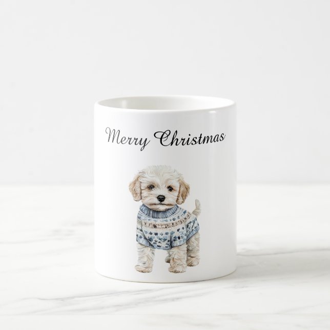 Taza De Café Perro blanco en Navidades de suéter azul (Centro)
