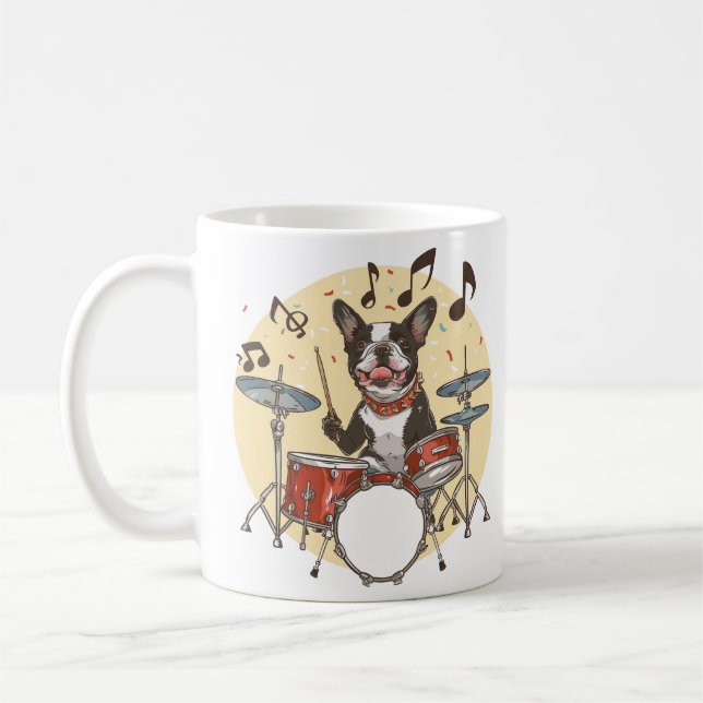 Taza De Café Perro Boston Terrier tocando la batería (Izquierda)