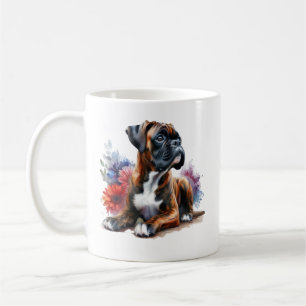 Taza De Café Perro Boxer entre las flores en acuarela